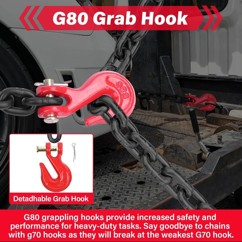 Lechansen G80 Transport Binder Chain 1/4 Inch x 10 Feet, Equipped with G80 Chain Hook, Grade 80 Tow Chains with Hook, 3,300 lbs Working Load Trailer Safety Chain for Ratchet Binder, Towing - Image 4